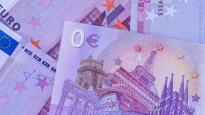 Violet five hundred euro banknotes with zero euro souvenir