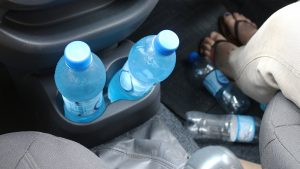 Bottles of water for hydration while traveling.