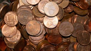 Close up pile of one cent euro coin