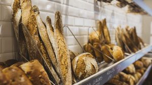 Shelf with bread at bakery